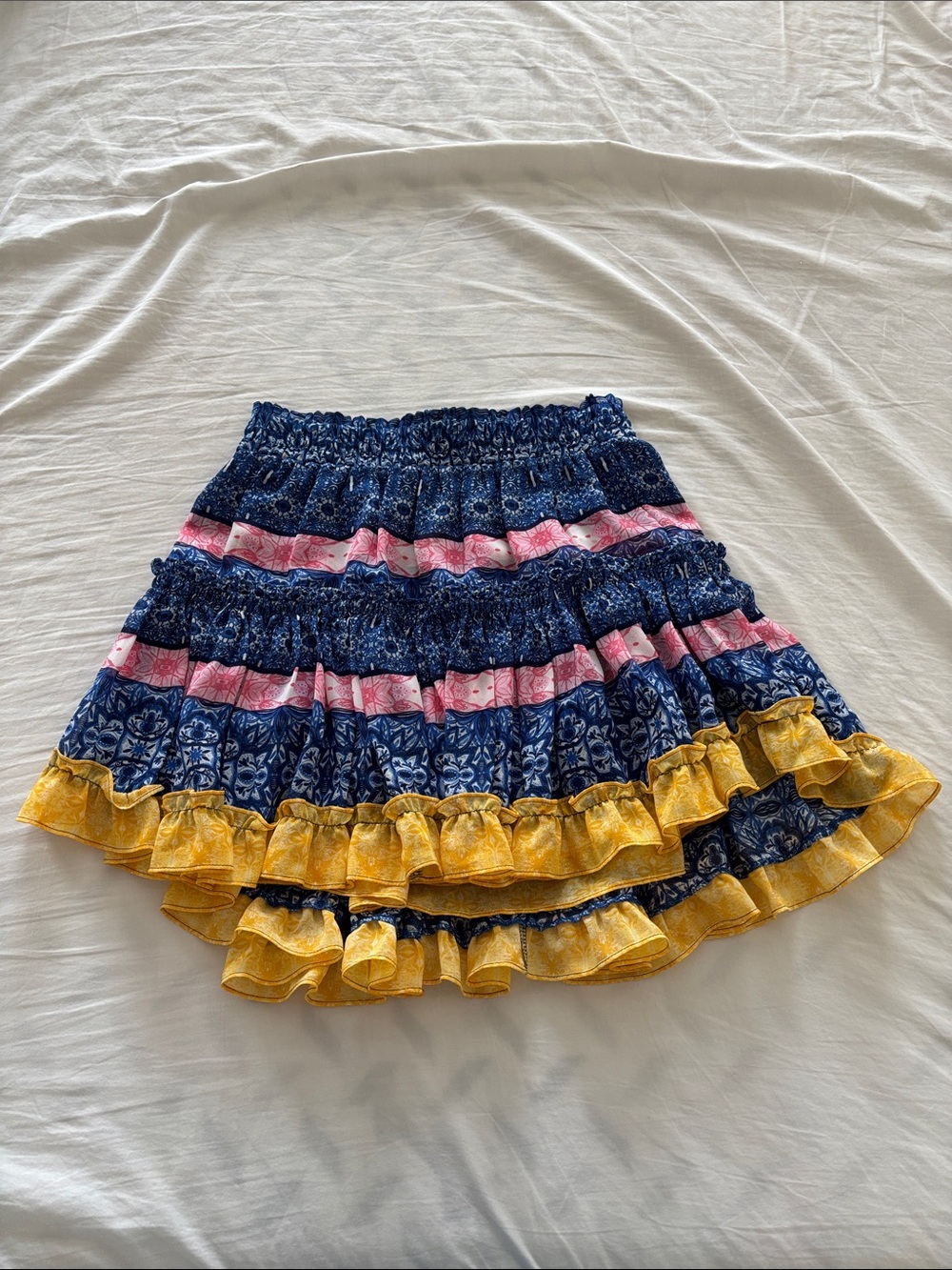 Tiered Blue Floral Skirt with Pink Accents and Yellow Ruffle